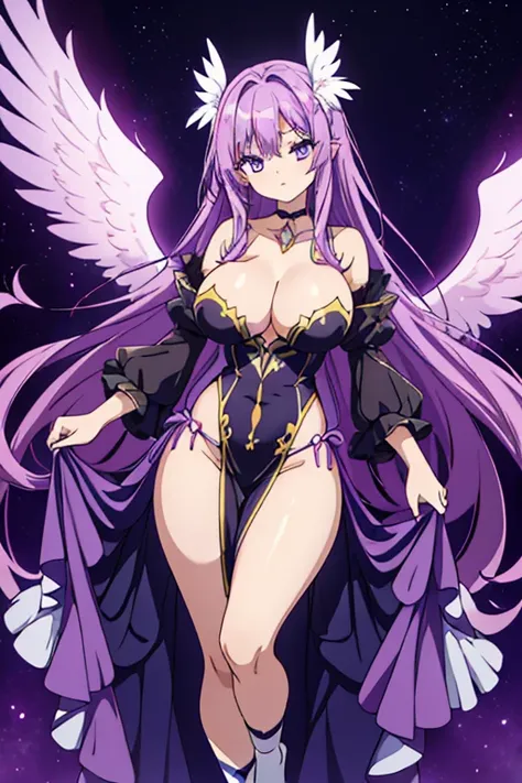 Anime purple hair seraphim female, she is dressed with an elegant angel gown and wears a choker. She has long hair, she looks majestic, huge ass, masterpiece, HD, Highres, Dirty socks. Pretty breasts.