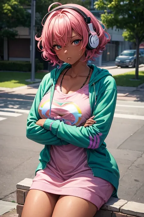 An anime-style adult female character, short curly pink hair, dark skin, Her eyes are different colors, her left eye is dark pink, She is chubby and has small breasts, wears wireless headphones with green details, and wears a sweatshirt with a rainbow prin...