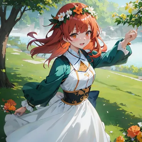 Anime girl in a white dress with orange in her hair, Ayaka Genshin Impact, maRin kitagawa fanart, Rin, guweiz on pixiv artstation, anime lush john 8k woods, guweiz on artstation pixiv, ayaka game genshin impact, made with anime painter studio, Cute anime w...