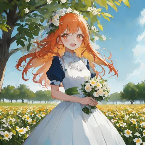 Anime girl in white dress with bouquet of flowers, guweiz on pixiv artstation, Official art, Rin, cushart krenz key art feminine, guweiz on artstation pixiv, made with anime painter studio, Trending on ArtStation pixiv, painted in anime painter studio, sta...