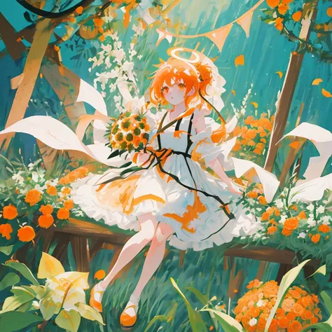 Anime girl in a wedding dress holding an orange bouquet, made with anime painter studio, painted in anime painter studio, anime lush john 8k woods, Rin, she is the center of the garden, guweiz on pixiv artstation, Orange halo around her head, zerochan art,...