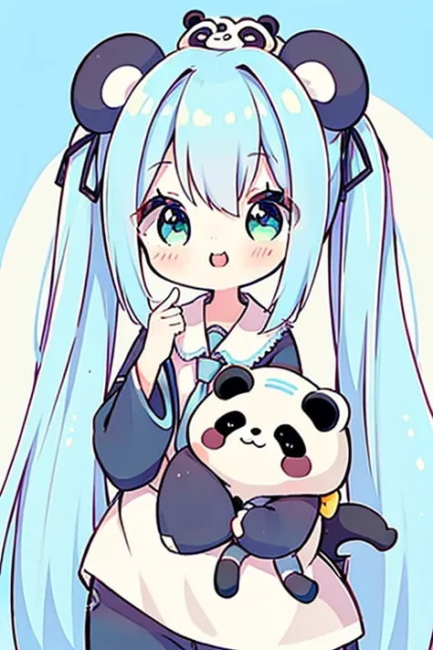 new year 2024 outfit, light blue hair, bangs, twin tail, long hair, green eyes, surprise, Hatsune Miku, dilated pupils, detailed mouth, smile, closed mouth, artwork, best quality, tied hair, panda outfit