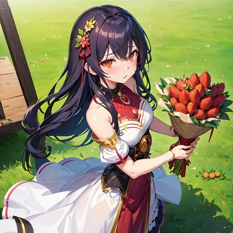 Anime girl with long hair holding a bunch of strawberries, guweiz, Official artwork, Anime visuals of cute girls, cushart krenz key art feminine, Official art, artwork in the style of guweiz, loli in dress, Cute anime waifu in a nice dress, makoto kano, fr...