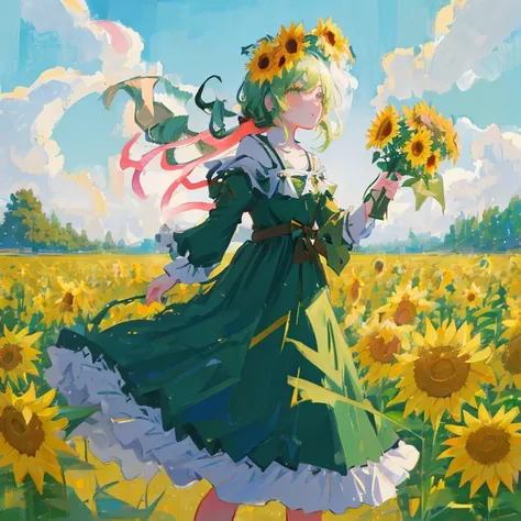 Anime girl in a green dress with flowers in a field of yellow flowers, Cute anime waifu in a nice dress, Beautiful sunflower anime girl, Official artwork, guweiz on pixiv artstation, High quality anime art style, Official art, Rin, made with anime painter ...