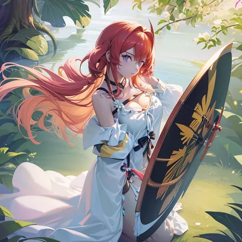 Anime girl with butterfly wings holding a shield in the forest, Beautiful maiden, guweiz on pixiv artstation, goddess of summer, nature goddess, guweiz on artstation pixiv, fey queen of the summer forest, the goddess of summer, Official art, anime goddess,...