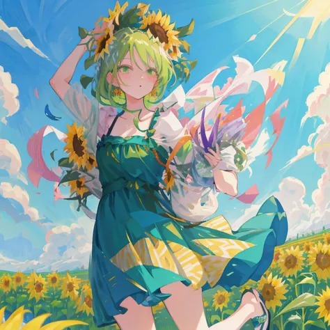 anime girl in a green dress running through a flower field, beautiful sunflower anime girl, beautiful anime girl, girl dancing i...