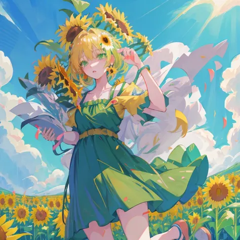 Anime girl in a green dress running through a flower field, Beautiful sunflower anime girl, Beautiful anime girl, girl dancing in a flower field, Beautiful anime, Cute anime waifu in a nice dress, High quality anime art style, anime style 4 k, goddess of s...