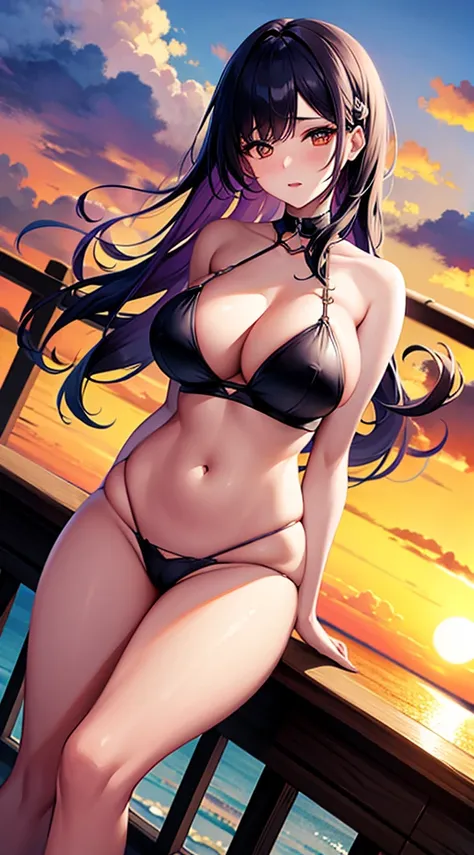 top view, girl, big boobs, cleavage, big hips, messy dark purple hair, orange eyes, balcony, leaning on the railing, sunset