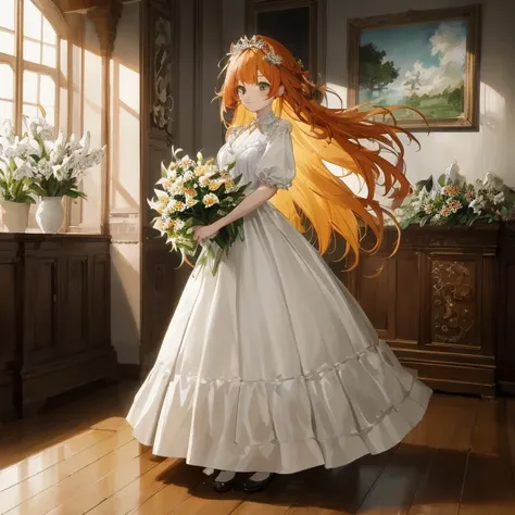 Anime, Woman in white dress with bouquet of flowers, cute Anime waifu in a nice dress, loli in dress, Anime pRincess, made with Anime painter studio, [ 4 k digital art ]!!, painted in Anime painter studio, Anime girl with long hair, Rin, beautiful sunflowe...