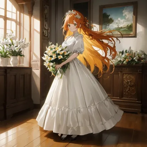 Anime, Woman in white dress with bouquet of flowers, cute Anime waifu in a nice dress, loli in dress, Anime pRincess, made with Anime painter studio, [ 4 k digital art ]!!, painted in Anime painter studio, Anime girl with long hair, Rin, beautiful sunflowe...