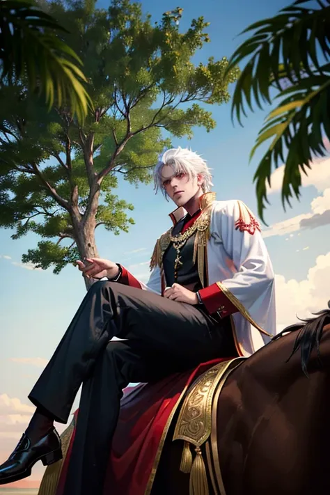 a young white haired king with red eyes is sitting on a tree branch in a scarlet blouse and black pants is sitting on a black ho...