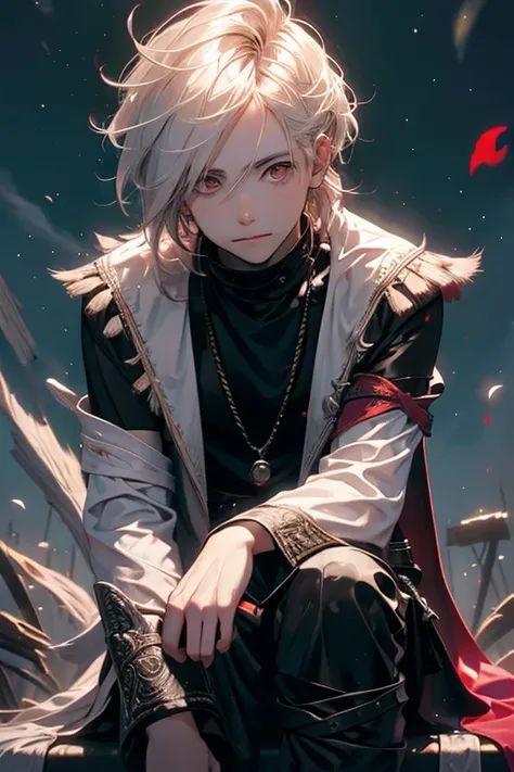 A young white haired king with red eyes is sitting on a tree branch in a scarlet blouse and black pants is sitting on a black horse