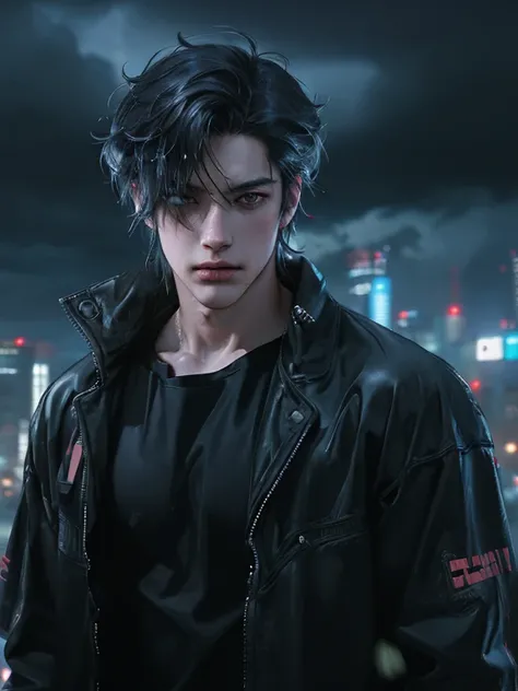 Masterpiece, top quality, 1 male, vivid hair, soft rain, clouds, upper body, cinematic, wallpaper, cyberpunk city