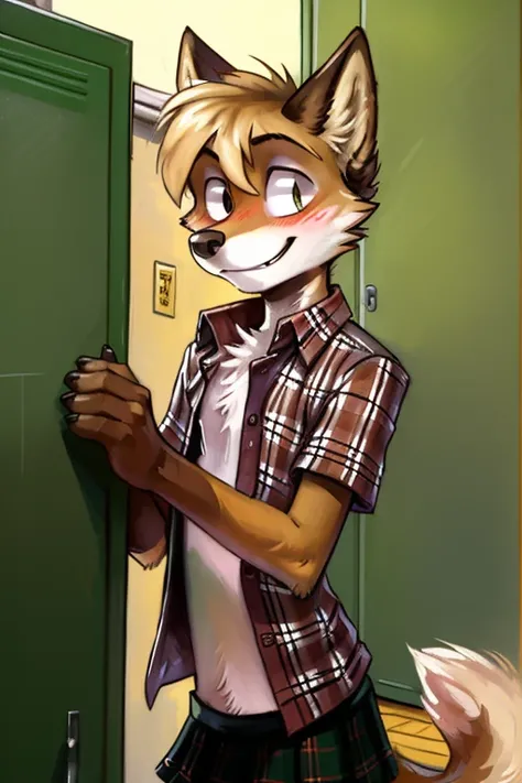 wolf, male, slender, ((twink)), detailed, uploaded to e621, beautiful and detailed portrait of an anthropomorphic boy, short hair, fauxhawk, (((male))), kenket, uploaded to e621, (detailed plaid school skirt), (white button up shirt), embarrassed, blushing...