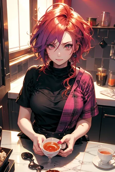 A red haired woman with red eyes is drinking tea with a pink haired woman with violet eyes with short hair in a kitchen