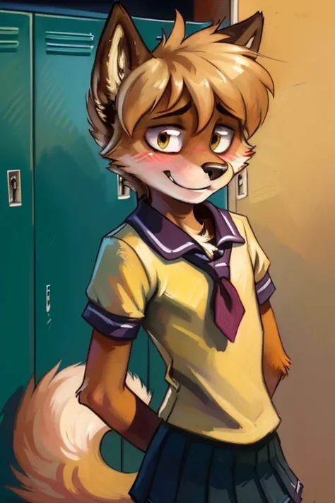 solo, wolf, male, slender, ((twink)), detailed, uploaded to e621, beautiful and detailed portrait of an anthropomorphic boy, short hair, fauxhawk, (((male))), kenket, uploaded to e621, (detailed girls school uniform), embarrassed, blushing, smile, school l...