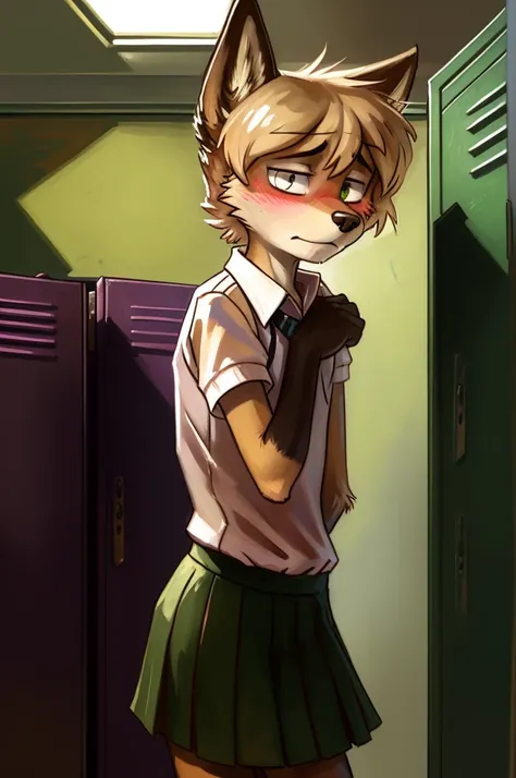 solo, wolf, male, slender, ((twink)), detailed, uploaded to e621, beautiful and detailed portrait of an anthropomorphic boy, short hair, fauxhawk, (((male))), kenket, uploaded to e621, (detailed see-through girls school uniform, long skirt), embarrassed, a...