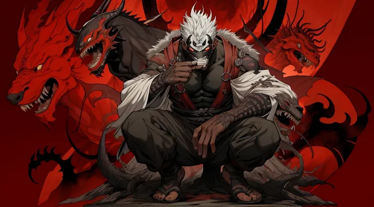 um close de um monstro com rosto e garras ensanguentados, momoshiki ōtsutsuki, Dorohedoro, como personagem em tekken, lobisomem musculoso, Akira, Mitologia Chinesa, fat ripped satanic creature, Estilo de Yoshitaka Amano, Venomfang, Gama Murata Yoshitaka Am...