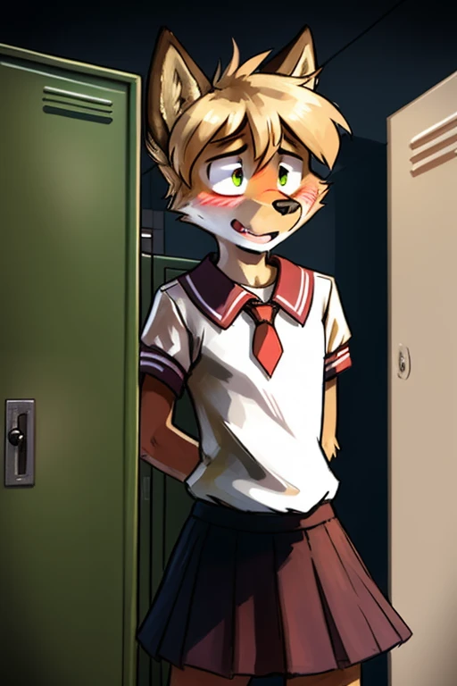 wolf, male, slender, ((twink)), detailed, uploaded to e621, beautiful and detailed portrait of an anthropomorphic boy, short hair, fauxhawk, (((male))), kenket, uploaded to e621, (detailed see-through girls school uniform, long skirt, skirt un-buttoned), e...