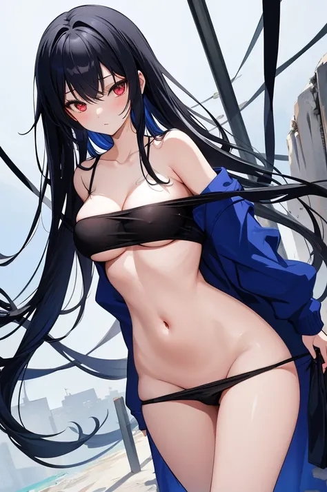 cute black-haired slender girl with cute blue-haired slender girl with red eyes, curvy, dressed in a warm white hoodie, raised to the chest, black loincloth, long hair, beautiful, undressing, athletic, busty, clear day, nsfw, calm, hentai, naked tits