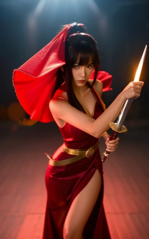 Realistic,a close up of a woman in a red dress holding a sword, game character; full body , professional , realistic , anime girl in real life, ruan jia and artgerm, cosplayer, kunoichi, trending artgerm, anime goddess, photo realistic, masterpiece