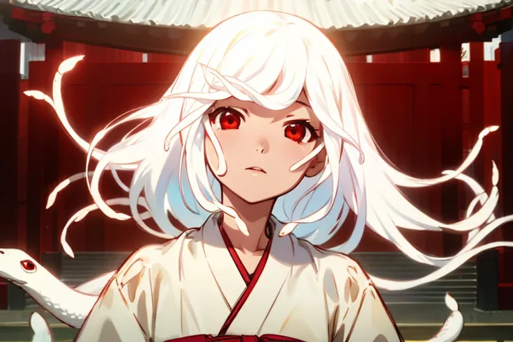 1girl in，detailed details，very long white hair，countless white snakes，white kimono，red eyes，shrine background，face up，radiant ey...