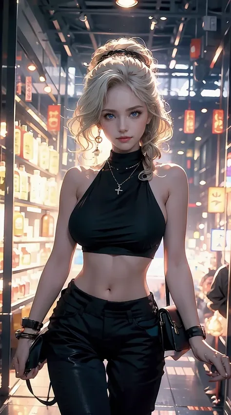 27 year old white woman、platinum-blonde、blue eyess、Longhaire、My hair is wavy、accessories on the wrist、wearing a choker、a smile、The navel is out、huge tit、My abs are cracked、slim muscular body、I don&#39;t want my head to disappear from the screen.、I&#39;m pu...