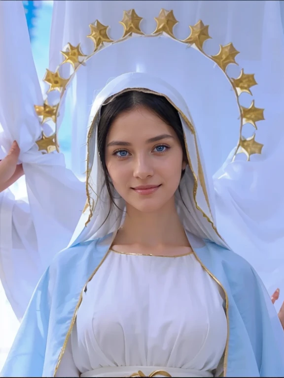 a close-up of a beautiful woman, sweet light blue eyes, black hair, Virgin Mary, Mary in heaven, majestic woman, wearing white robe and white veil, sweet smile