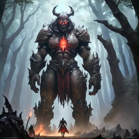 un grupo de personas paradas frente a un monstruo gigante en el bosque, Diablo digital concept art, Diablo concept art, Diablo 4, epic fantasy game art, 4K fantasy art, epic rpg artwork, Diablo 4 queen, Diablo, Diablo-3, Diablo - 3, by Tadeusz Pruszkówski,...