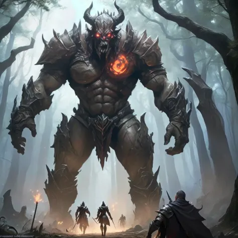 un grupo de personas paradas frente a un monstruo gigante en el bosque, Diablo digital concept art, Diablo concept art, Diablo 4, epic fantasy game art, 4K fantasy art, epic rpg artwork, Diablo 4 queen, Diablo, Diablo-3, Diablo - 3, by Tadeusz Pruszkówski,...