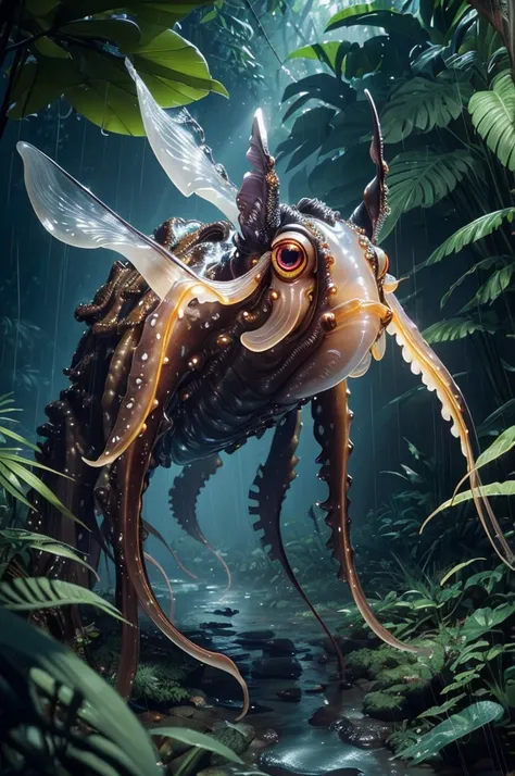 predator creature like with ((six legs)) creature with transparent and lighting body, walking on all six legs, (((cuttlefish head))), ((four eyes)),jellyfish transparent body, six leghs, in the jungle, jungle, rain forest, high image quality, realistic loo...