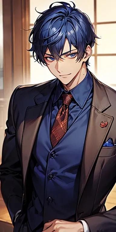 ((masutepiece)), ((Best Quality)), ((Brown skin)), ((dark blue eyes)), ((Dark blue hair))、Handsome man , ((berry berry short hair)), masculine、Tall、A sexy、Adult man、Sanpaku eyes、smirk、suits