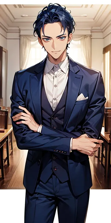 ((masutepiece)), ((Best Quality)), ((Brown skin)), ((dark blue eyes)), ((Dark blue hair))、Handsome man , ((Very short hair、No bangs、Forehead)), masculine、Tall、A sexy、Adult man、Sanpaku eyes、smirk、suits