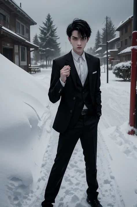 very angry teenage boy with pale skin, black hair, red eyes in a black suit with white shirt at the snow