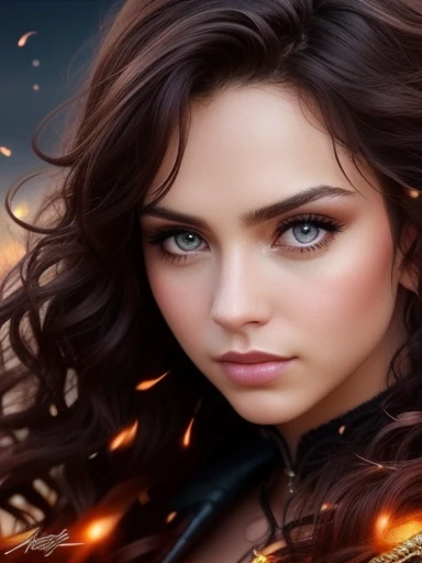 A stunning super close-up of a woman with long, loose, curly hair, caught in the middle of a fierce fight. His piercing eyes convey a sense of determination and strength. As your hair cascades around you like a dark, swirling storm. Rendered in Artgerms si...