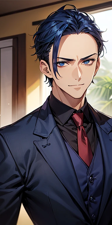 ((masutepiece)), ((Best Quality)), ((Brown skin)), ((dark blue eyes)), ((Dark blue hair))、Handsome man , ((very short hair、No bangs、Forehead)), masculine、Tall、A sexy、Adult man、Sanpaku eyes、smirk、suits、handsome man