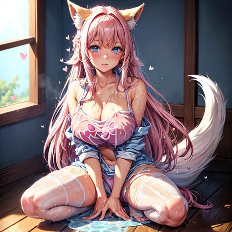 One girl anime styled。girl with。Blue eyes。 in estruig fox Tail。Looking at the camera,fox ear, pink hair, white crop top, fox tail, girl 18 old , utral light, sitting in the bedroom,hair hair, wear pantie, wear dress, salon,Wet and see-through、cute little、b...