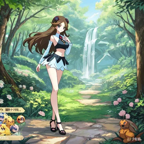 a beauty girl１、Appearance、large full breasts、thin-waist、Slender eyes、long brown hair、pokemon trainer、poke ball