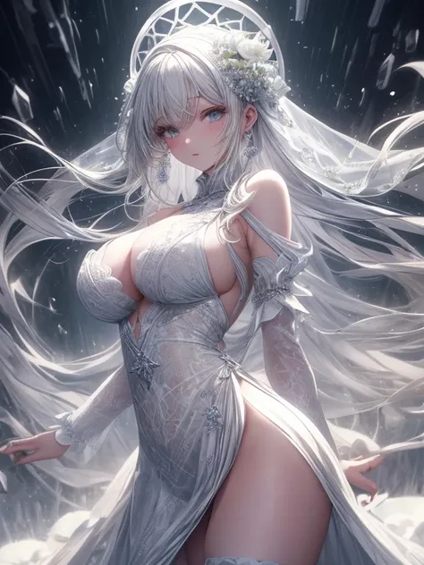 Paradise in Heaven, white light naste piece), (Best Quality), (Cinematic), 8K, (art  stations), Li Yue&#39;s style of painting.(長いWhite hairとSilvery eyesを持つ1人の女), (Beautiful delicate face)、[ particle roux full moon] [Frozen trees々] [landscape crystal] [Lig...