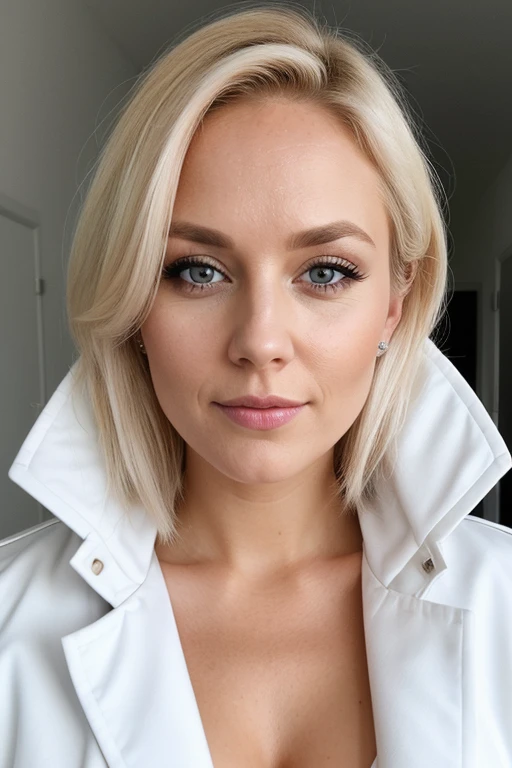 female doctor 31 years old Scandinavian glamor model in white coat, detailed eyes, eyelashes, forehead, short hair, blond hair, looking at the viewer, mouth agape, surprised