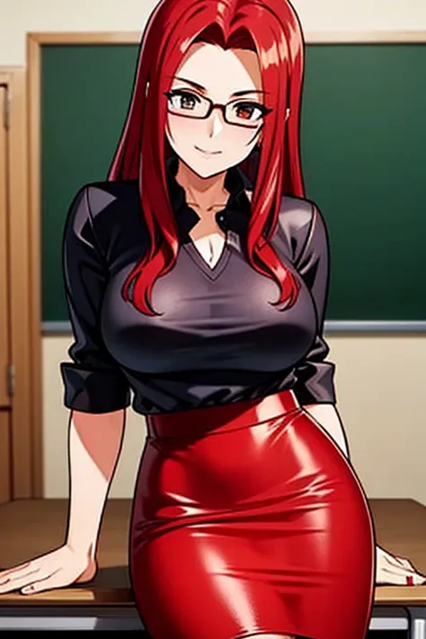 Teacher Desk Long leather skirt Red hair Sexy