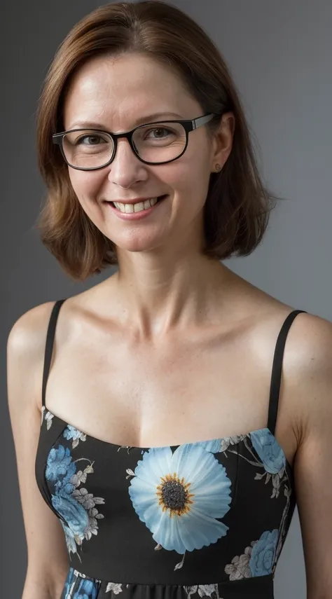 arafed woman with glasses smiling and looking at the camera, short neck length brown hair, wearing a black and blue floral sun d...