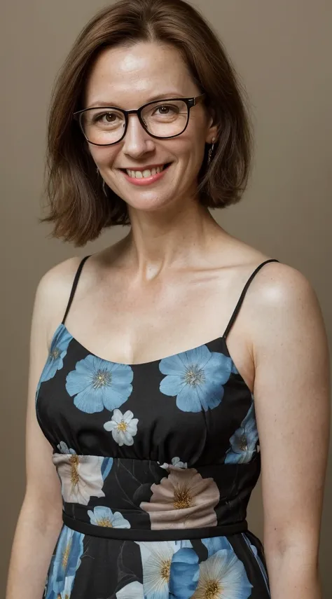 arafed woman with glasses smiling and looking at the camera, short neck length brown hair, wearing a black and blue floral sun d...