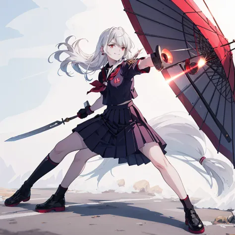 sukeban illyasviel_von_einzbern, mature_female, silver hair, holding yoyo, combat pose, full body, flowing hair, hair between the eyes, asymmetrical hair, red eyes, delicate facial features, sukeban deka clothe, looking_at_viewer, outdoors, background toky...