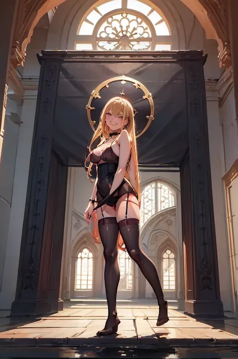 ((full body:1.4)), ((full pose:1.4)), (((masterpiece))), MarinKitagawa, 1girl, long hair, looking at viewer, blush, ((wide smile:1.4)), blonde hair, large breasts, red eyes, jewelry, earrings, necktie, solo focus, choker, bracelet, ((standing:1.4)), black ...