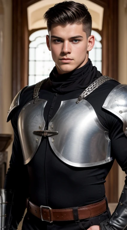 White young man , caballero medieval, 18 years old, military haircut, black hair, blue eyes fixed, intense gaze, affiliated features, no facial hair, height 1.93, weight 100 kg, aesthetic muscular build, broad shoulders, V-shaped body, full body focus, com...