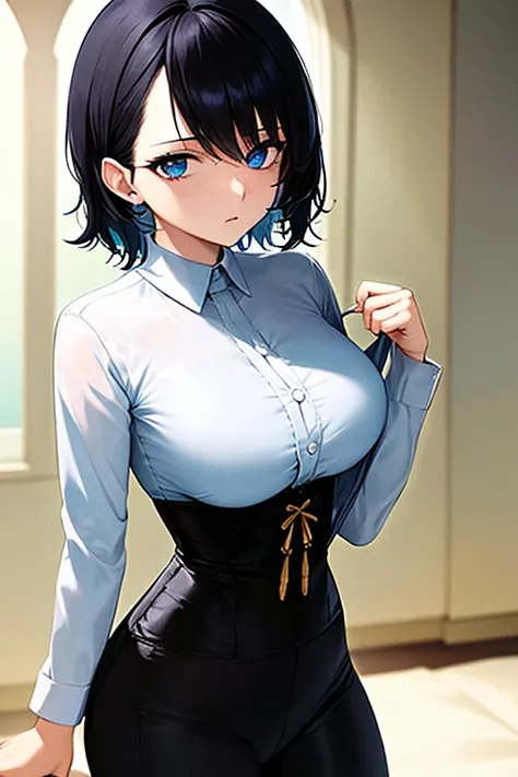 woman, short chopped black hair, cyan eyes, irises in shape of star, white shirt, black corset, black pants