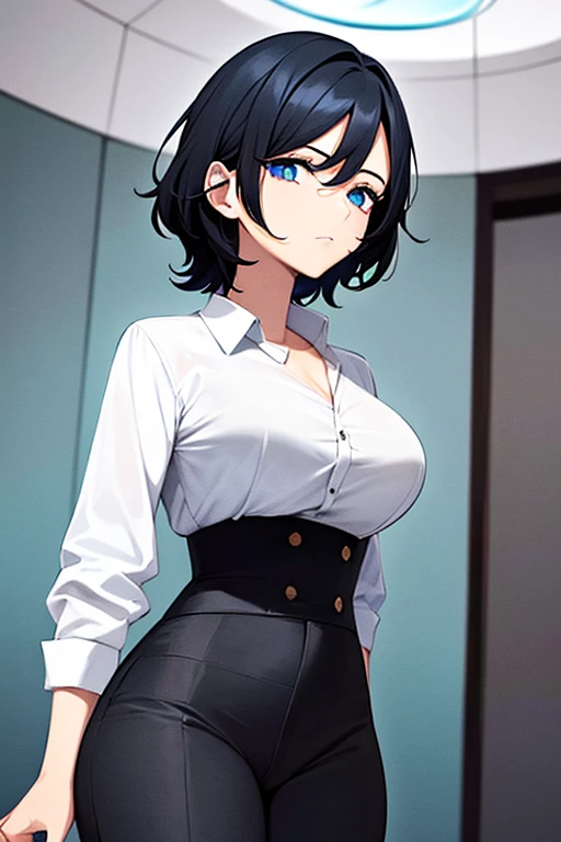 woman, short chopped black hair, cyan eyes, irises in shape of star, white shirt, black corset, black pants