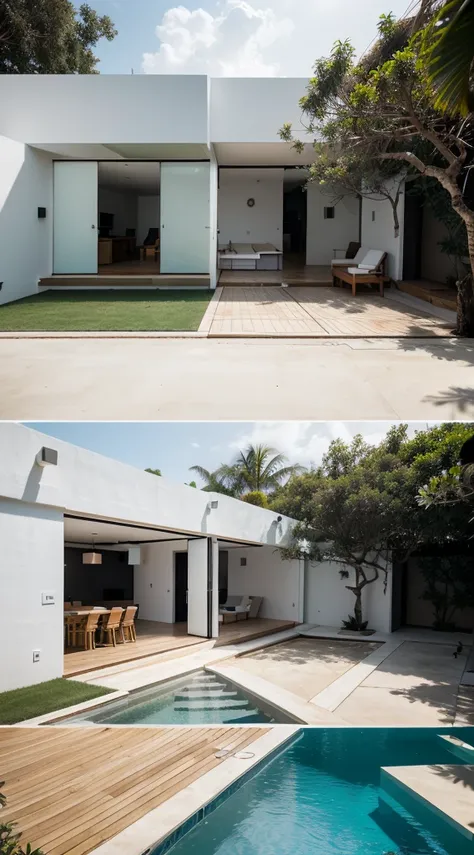 Casa moderna blanca con acentos en negro y madera, with a garden with swimming pool, en una playa de agua cristalina con arena blanca,realismo, 8K