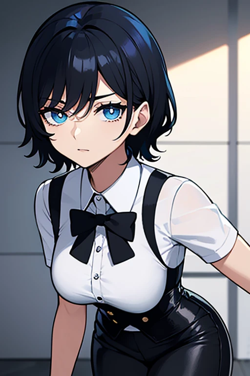 woman, short chopped black hair, cyan eyes, irises in shape of star, white shirt, black corset, black pants